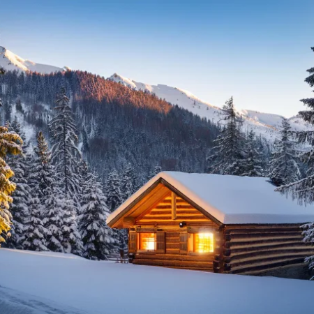 A cozy log cabin nestled in the mountains, surrounded by snow and pine trees, with warm light glowing from the windows